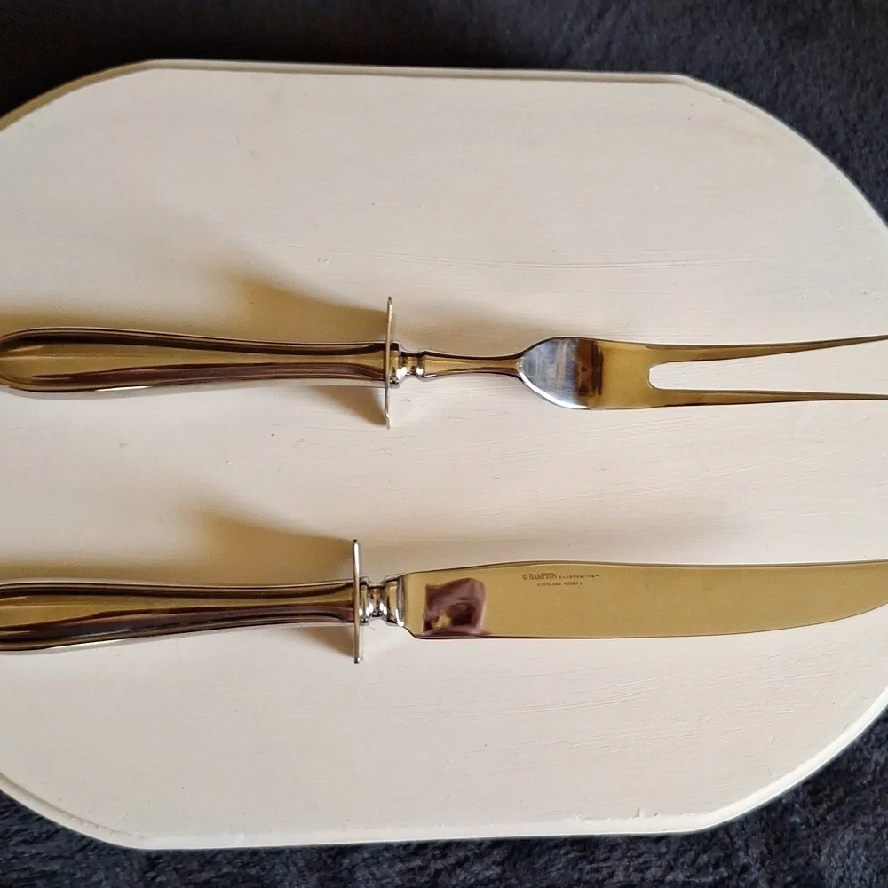 VTG Beautiful Hampton Silversmiths 2-piece Stainless Carving Set wooden box